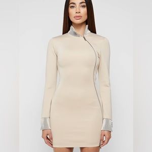 Maniere De Voir Cream Mini Dress with Pinstripe Trim